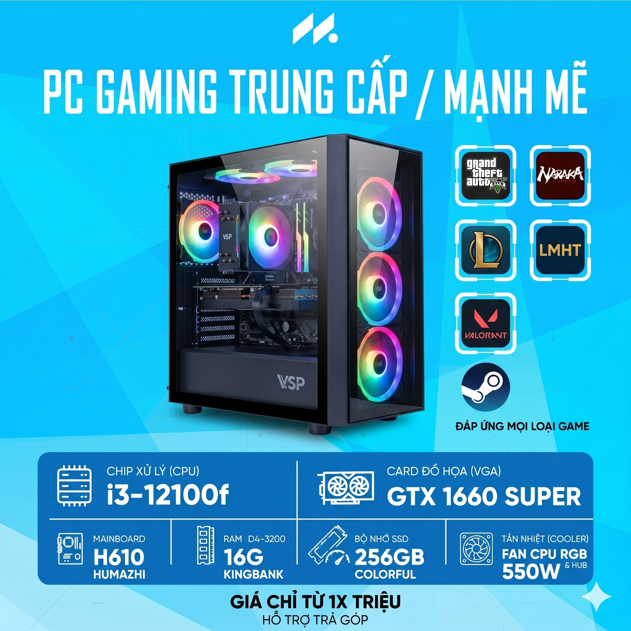 Bộ PC Gaming (Core i3 12100F/ H610M/ 16GB RAM/ 256GB SSD/1660 Super)